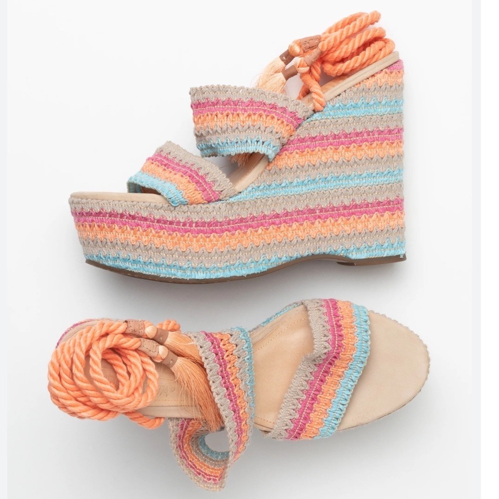 Schutz Bendy Espadrille Wedge Womens Multi Crochet Platform Sandals Tassel 7.5